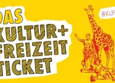 Das Kultur- und Freizeitticket, auf der rechten Seite in rot eine Zeichnung von einer Statue, einer Giraffe und dem liegenden Goethe 